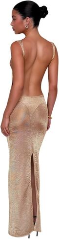Women's Sexy Open Back Glitter Maxi Dress Sheer Mesh Beach Cover Up Dress Sleeveless Party Vacation Dresses in Kuwait