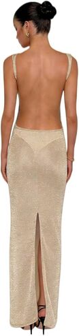 Women's Sexy Open Back Glitter Maxi Dress Sheer Mesh Beach Cover Up Dress Sleeveless Party Vacation Dresses in Kuwait