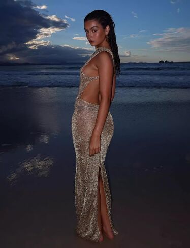 Women's Sexy Open Back Glitter Maxi Dress Sheer Mesh Beach Cover Up Dress Sleeveless Party Vacation Dresses in Kuwait