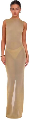 Women's Sexy Open Back Glitter Maxi Dress Sheer Mesh Beach Cover Up Dress Sleeveless Party Vacation Dresses in Kuwait