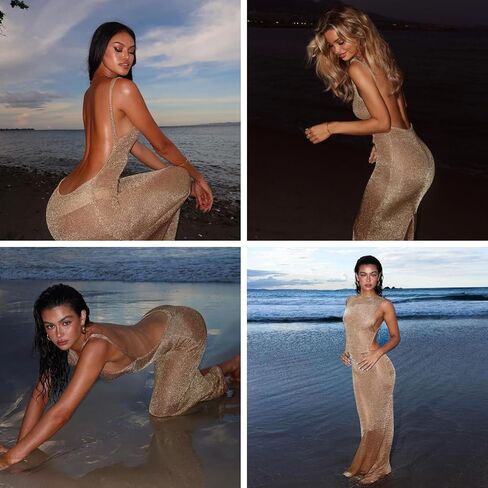 Women's Sexy Open Back Glitter Maxi Dress Sheer Mesh Beach Cover Up Dress Sleeveless Party Vacation Dresses in Kuwait