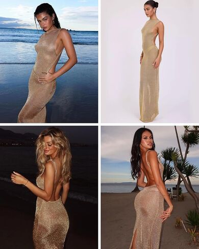 Women's Sexy Open Back Glitter Maxi Dress Sheer Mesh Beach Cover Up Dress Sleeveless Party Vacation Dresses in Kuwait