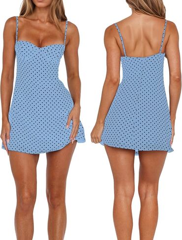 Women’s Polka Dot Y2K Dress Spaghetti Strap No Bust Underwire Trendy Outfits Backless A-Line Pullover Short Dress in Saudi Arabia