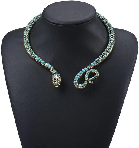 14K Gold Filled Snake Necklace For Women And Men, 925 Sterling Silver Vintage Egyptian Gorgeous Wild Serpent Rhinestone Blue Turquoise Snake Neck Choker Necklace, Reputation Necklace in Kuwait