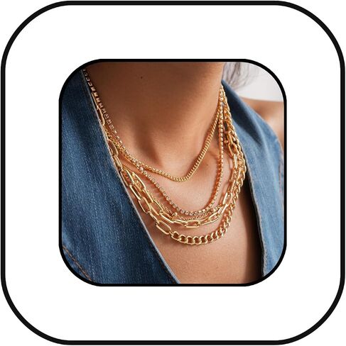Layered Gold Chain Necklaces for Women 5-in-1 Stacked Paperclip Cuban Link Rhinestone Statement Choker Jewelry in Saudi Arabia
