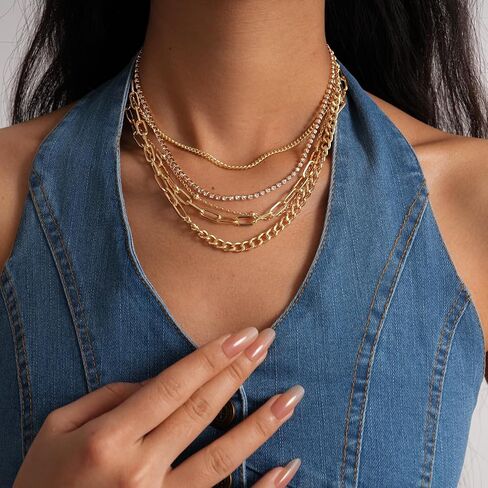 Layered Gold Chain Necklaces for Women 5-in-1 Stacked Paperclip Cuban Link Rhinestone Statement Choker Jewelry in Saudi Arabia