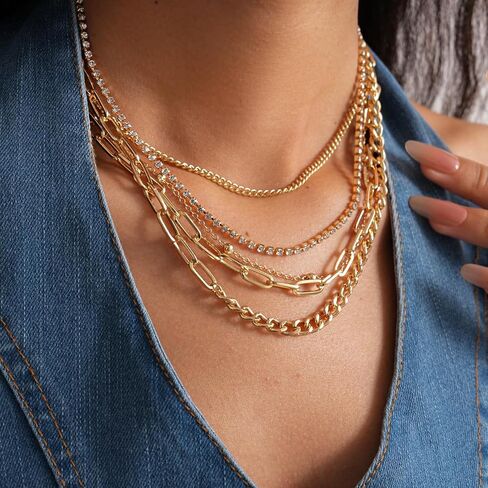 Layered Gold Chain Necklaces for Women 5-in-1 Stacked Paperclip Cuban Link Rhinestone Statement Choker Jewelry in Saudi Arabia