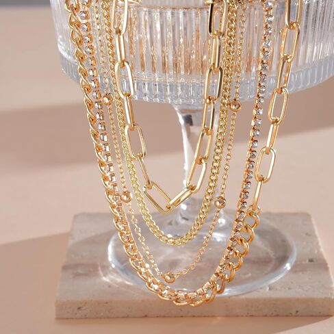 Layered Gold Chain Necklaces for Women 5-in-1 Stacked Paperclip Cuban Link Rhinestone Statement Choker Jewelry in Saudi Arabia