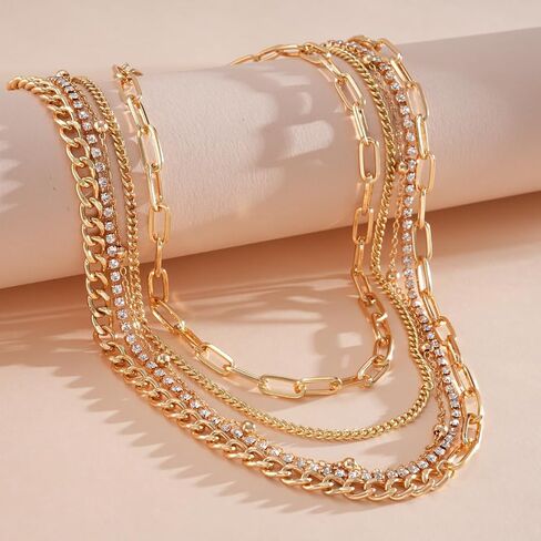 Layered Gold Chain Necklaces for Women 5-in-1 Stacked Paperclip Cuban Link Rhinestone Statement Choker Jewelry in Saudi Arabia