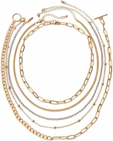 Layered Gold Chain Necklaces for Women 5-in-1 Stacked Paperclip Cuban Link Rhinestone Statement Choker Jewelry in Saudi Arabia