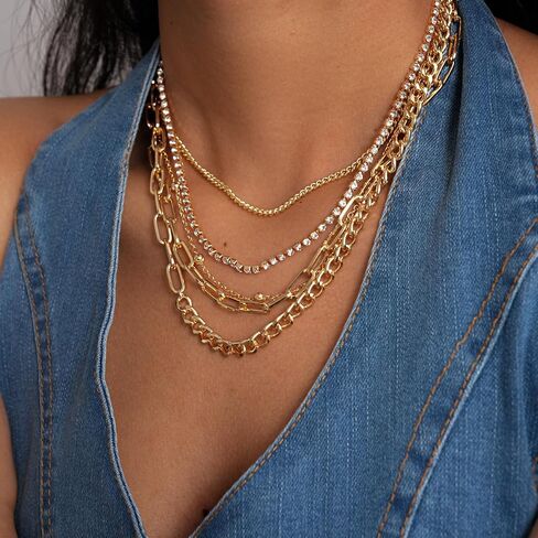 Layered Gold Chain Necklaces for Women 5-in-1 Stacked Paperclip Cuban Link Rhinestone Statement Choker Jewelry in Saudi Arabia