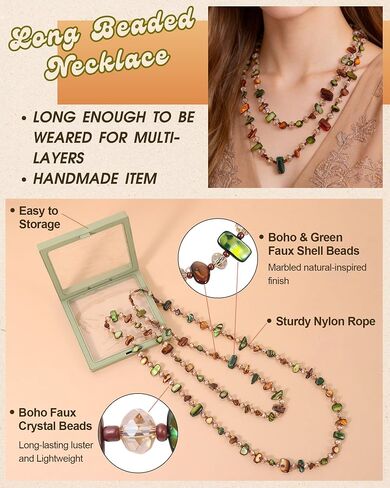 Vintage Layered Beaded Necklace for Women Long Irregular Chunky Beads Necklace for Earth Cloth Bohemian Amber Handmade Necklace Boho Green Glass Beads Necklace for Beach Earthy Jewelry Accessories in Saudi Arabia