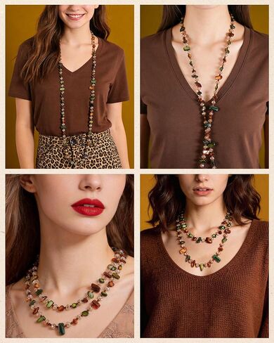 Vintage Layered Beaded Necklace for Women Long Irregular Chunky Beads Necklace for Earth Cloth Bohemian Amber Handmade Necklace Boho Green Glass Beads Necklace for Beach Earthy Jewelry Accessories in Saudi Arabia