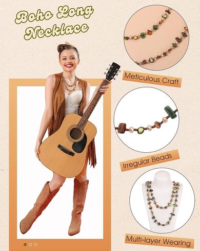 Vintage Layered Beaded Necklace for Women Long Irregular Chunky Beads Necklace for Earth Cloth Bohemian Amber Handmade Necklace Boho Green Glass Beads Necklace for Beach Earthy Jewelry Accessories in Saudi Arabia