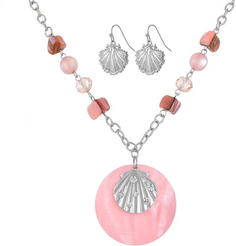 Perla Seashell Pendant Necklace and Earrings Set for Women, Gold Chain with Beaded Accents, Statement Jewelry Set in Saudi Arabia