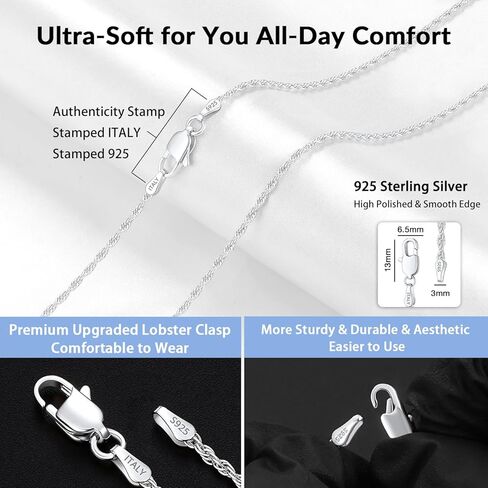925 Sterling Silver Chain Necklace for Women, 2MM Rope Chains Silver Chain for Women Sturdy Sterling Silver Necklace, 22 Inch in Kuwait