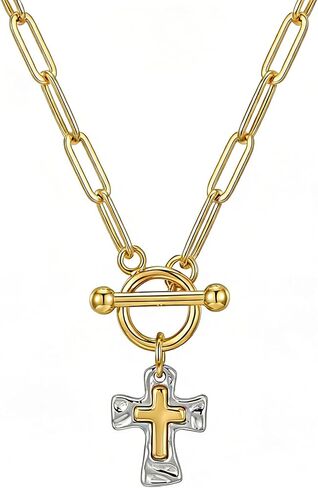 RINHOO Cross Necklace for Women 14K Gold Plated Two Tone Gold Silver Pendant with Chunky Paperclip Link Chain Front Toggle Clasp Religious Christian Jewelry in Saudi Arabia