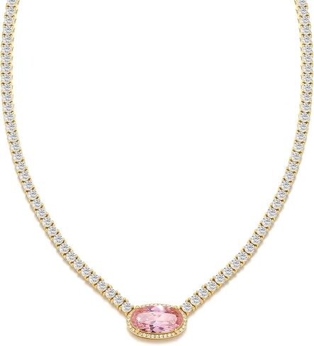 BREN Pendant Tennis Necklace for Women Men, 3mm 4 Prong 18K White/Yellow Gold Plated 16/18 inches Oval Cut Pink Pendant Cubic Zirconia Dainty Chain Jewelry Gift in Saudi Arabia