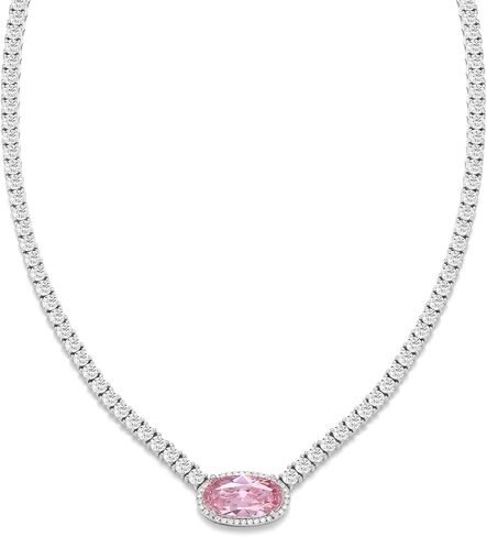 BREN Pendant Tennis Necklace for Women Men, 3mm 4 Prong 18K White/Yellow Gold Plated 16/18 inches Oval Cut Pink Pendant Cubic Zirconia Dainty Chain Jewelry Gift in Saudi Arabia