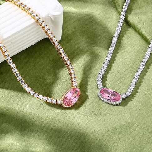 BREN Pendant Tennis Necklace for Women Men, 3mm 4 Prong 18K White/Yellow Gold Plated 16/18 inches Oval Cut Pink Pendant Cubic Zirconia Dainty Chain Jewelry Gift in Saudi Arabia