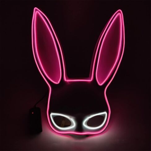 Bunny Half Face Mask, Glowing Rabbit Mask Accessory for Halloween Party Supplies Pink and White Lights in Kuwait