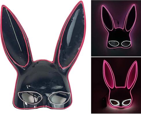 Bunny Half Face Mask, Glowing Rabbit Mask Accessory for Halloween Party Supplies Pink and White Lights in Kuwait