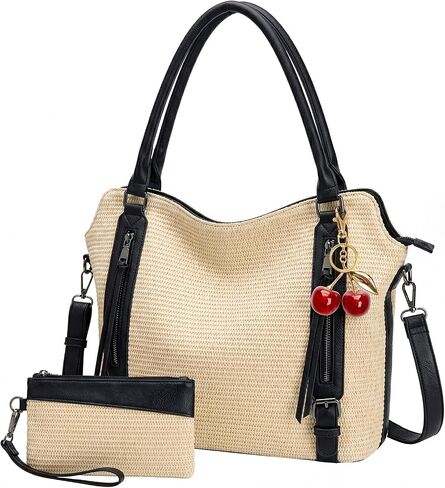 Checkered Crossbody Bag, Brown Checkered Purse, Large Capacity Shoulder Bag, Handbag with Wallet and Cherry Charm in Kuwait
