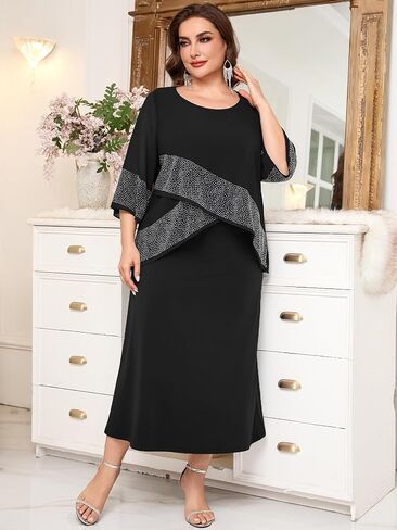 CYCLAMEN Plus Size Mother of The Bride Formal Dress Chiffon Overlay with Sparkly Rhinestones A-line Dress Wedding Guest Gown in Kuwait