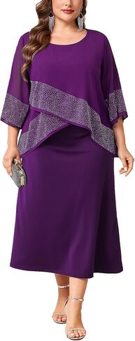 CYCLAMEN Plus Size Mother of The Bride Formal Dress Chiffon Overlay with Sparkly Rhinestones A-line Dress Wedding Guest Gown in Kuwait