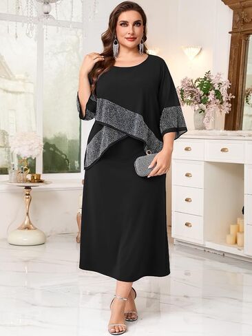 CYCLAMEN Plus Size Mother of The Bride Formal Dress Chiffon Overlay with Sparkly Rhinestones A-line Dress Wedding Guest Gown in Kuwait