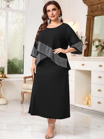 CYCLAMEN Plus Size Mother of The Bride Formal Dress Chiffon Overlay with Sparkly Rhinestones A-line Dress Wedding Guest Gown in Kuwait