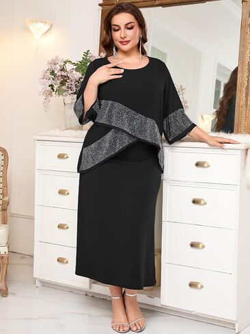 CYCLAMEN Plus Size Mother of The Bride Formal Dress Chiffon Overlay with Sparkly Rhinestones A-line Dress Wedding Guest Gown in Kuwait