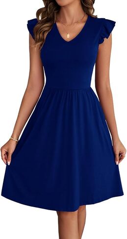 Women's Summer Dresses Cute V Neck Ruffle Sleeve Boho Cocktail Short Work Casual A-Line Dress with Pockets DS648 in Kuwait