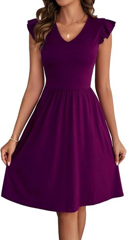 Women's Summer Dresses Cute V Neck Ruffle Sleeve Boho Cocktail Short Work Casual A-Line Dress with Pockets DS648 in Kuwait