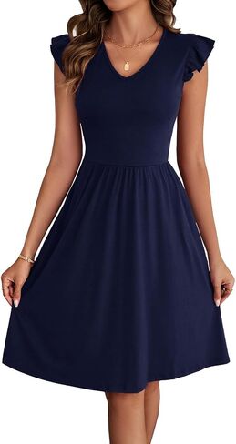 Women's Summer Dresses Cute V Neck Ruffle Sleeve Boho Cocktail Short Work Casual A-Line Dress with Pockets DS648 in Kuwait