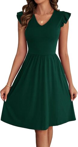 Women's Summer Dresses Cute V Neck Ruffle Sleeve Boho Cocktail Short Work Casual A-Line Dress with Pockets DS648 in Kuwait