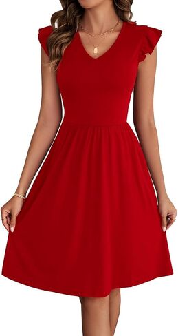 Women's Summer Dresses Cute V Neck Ruffle Sleeve Boho Cocktail Short Work Casual A-Line Dress with Pockets DS648 in Kuwait