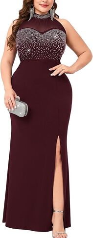 ZOMVA Women's Plus Size Sexy Evening Gown Sparkly Rhinestone Bodice Halter Neck Maxi Dress with High Split Club Party in Kuwait