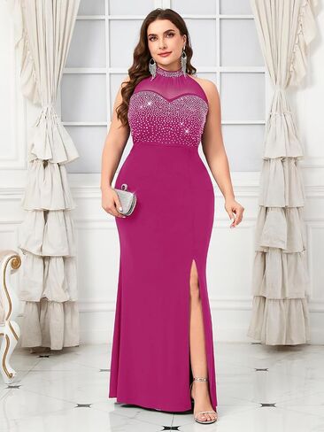 ZOMVA Women's Plus Size Sexy Evening Gown Sparkly Rhinestone Bodice Halter Neck Maxi Dress with High Split Club Party in Kuwait