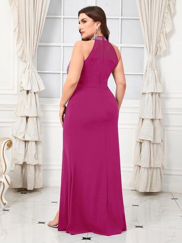 ZOMVA Women's Plus Size Sexy Evening Gown Sparkly Rhinestone Bodice Halter Neck Maxi Dress with High Split Club Party in Kuwait