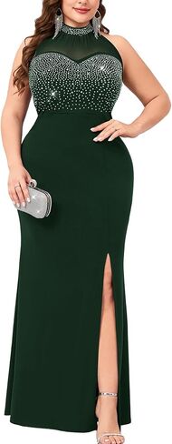 ZOMVA Women's Plus Size Sexy Evening Gown Sparkly Rhinestone Bodice Halter Neck Maxi Dress with High Split Club Party in Kuwait