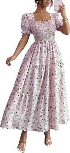 OYOANGLE Women's Boho Floral Maxi Dress Short Puff Sleeve Square Neck Shirred Ruffle A Line Tiered Dress in Kuwait