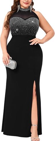 ZOMVA Women's Plus Size Sexy Evening Gown Sparkly Rhinestone Bodice Halter Neck Maxi Dress with High Split Club Party in Kuwait