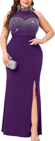 ZOMVA Women's Plus Size Sexy Evening Gown Sparkly Rhinestone Bodice Halter Neck Maxi Dress with High Split Club Party in Kuwait