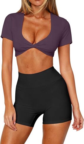 تي شيرت Dressmine للسيدات بأكمام قصيرة تي شيرت قصير ورقبة على شكل حرف V عميق تي شيرت بيلاتيس زي باليه ويوجا وجيم رياضي تي شيرت in Kuwait