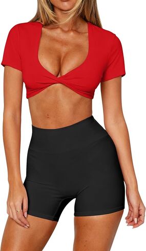 تي شيرت Dressmine للسيدات بأكمام قصيرة تي شيرت قصير ورقبة على شكل حرف V عميق تي شيرت بيلاتيس زي باليه ويوجا وجيم رياضي تي شيرت in Kuwait