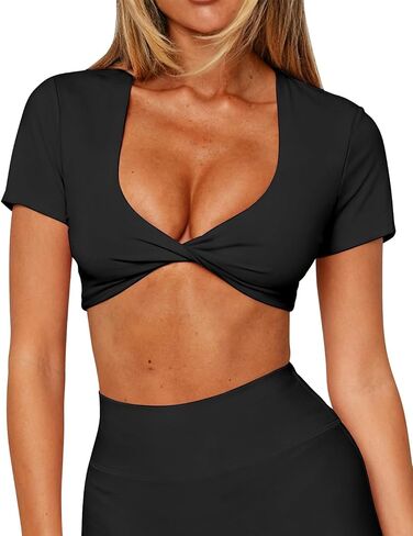 تي شيرت Dressmine للسيدات بأكمام قصيرة تي شيرت قصير ورقبة على شكل حرف V عميق تي شيرت بيلاتيس زي باليه ويوجا وجيم رياضي تي شيرت in Kuwait