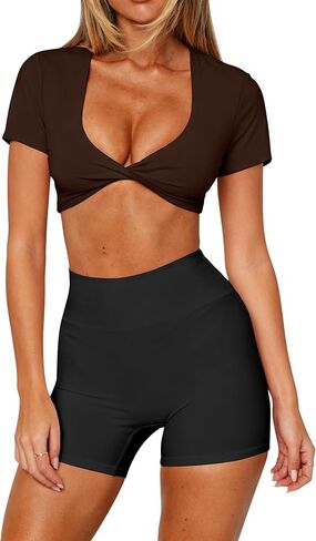 تي شيرت Dressmine للسيدات بأكمام قصيرة تي شيرت قصير ورقبة على شكل حرف V عميق تي شيرت بيلاتيس زي باليه ويوجا وجيم رياضي تي شيرت in Kuwait
