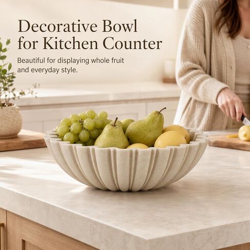 Decorative Bowl for Home Decor, 10.6" Large Modern Beige Scalloped Fruit Bowl for Coffee Table, Entryway Table, Kitchen Counter, Centerpiece for Keys or Candy in Saudi Arabia