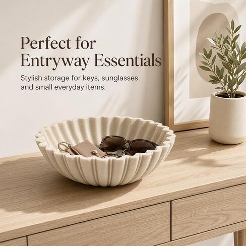 Decorative Bowl for Home Decor, 10.6" Large Modern Beige Scalloped Fruit Bowl for Coffee Table, Entryway Table, Kitchen Counter, Centerpiece for Keys or Candy in Saudi Arabia